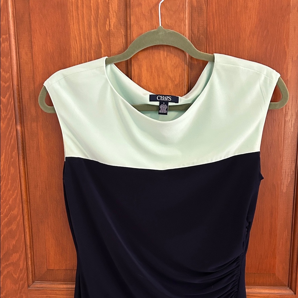 Chaps Two-Tone Sheath Dress Navy and Mint size M with side ruching - Picture 5 of 6